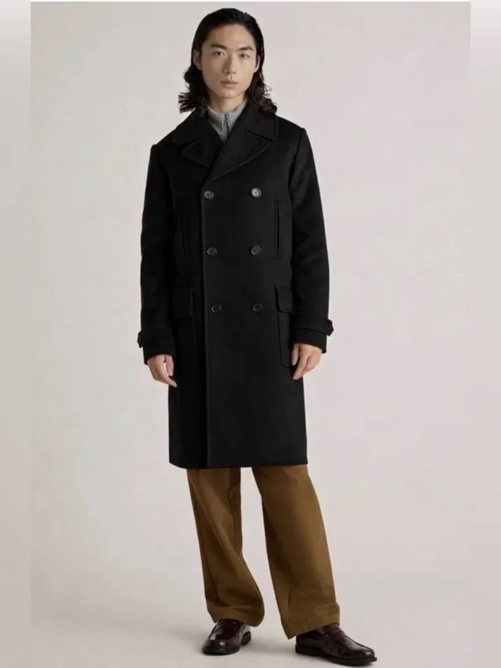 Quince Men's Double-Breasted Italian Wool Topcoat Size Large NWT BLACK